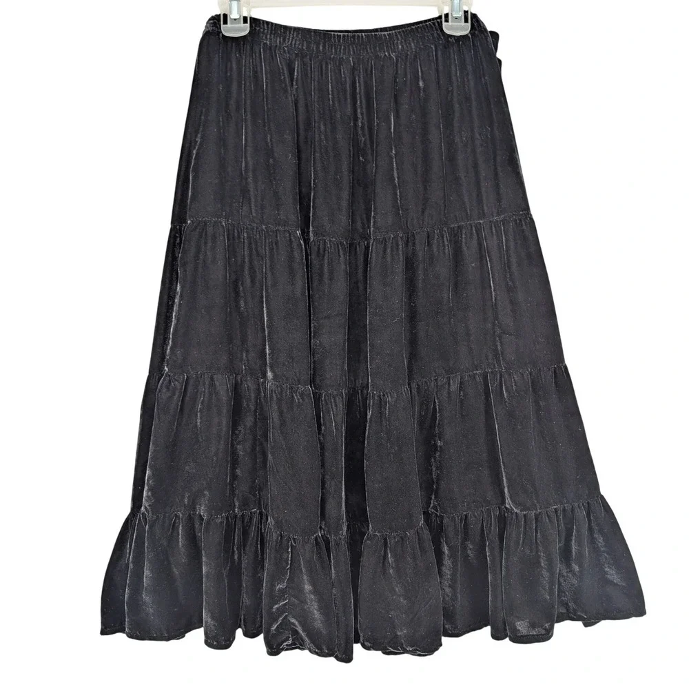 White Stag Velvet Tiered Maxi Skirt XL Petite Black Ruffle Boho Whimsigoth